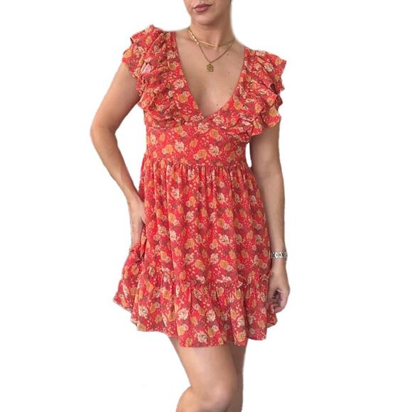 Altar'd State Red Floral Ruffle Mini Dress Size Small - Picture 1 of 6